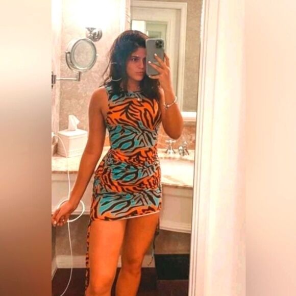 RUCHED drawstring side zebra striped sexy bodycon dress sz xs - Picture 3 of 6